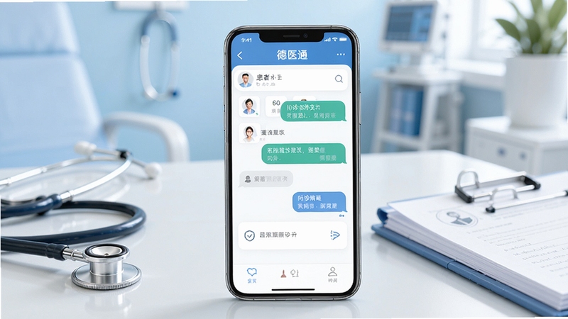 德医通医生软件,画面中央一部智能手机展示应用主界面,界面包含患者列表与问诊对话模块,背景为浅蓝色医疗诊室环境,桌面整洁,有听诊器和病历本点缀,光线柔和,整体风格专业清新,适合医疗类软件宣传图