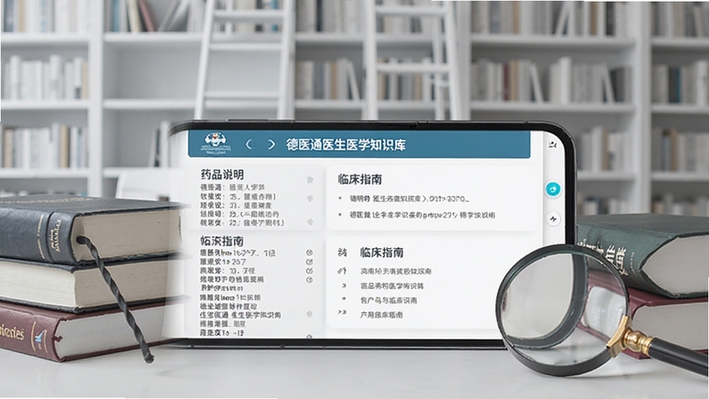 德医通医生医学知识库页面,手机屏幕显示药品说明书与临床指南列表,周围有医学书籍和放大镜元素,背景为浅灰色图书馆风格,突出知识查阅与专业参考氛围