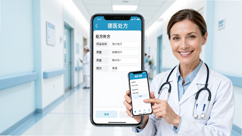 德医通医生电子处方界面,手机屏幕中央显示处方开具页面,包含药品名称、用量、频次等字段,旁边有医生手持手机微笑操作,背景为明亮的医院走廊,色调以白色和浅蓝色为主,突出医疗专业感与便捷性