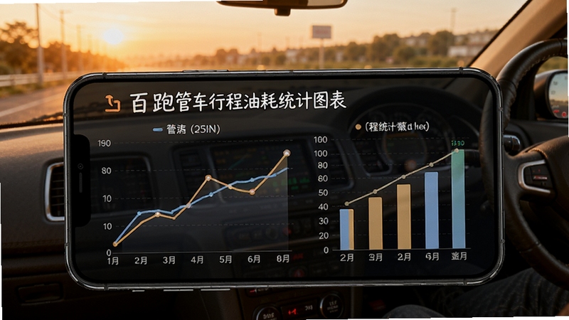 百跑管车行程油耗统计图表展示,画面中央为手机屏幕呈现折线图与柱状图,背景为驾驶室视角,色调偏暖,突出数据可视化与驾驶场景的结合,百跑管车油耗统计功能预览图