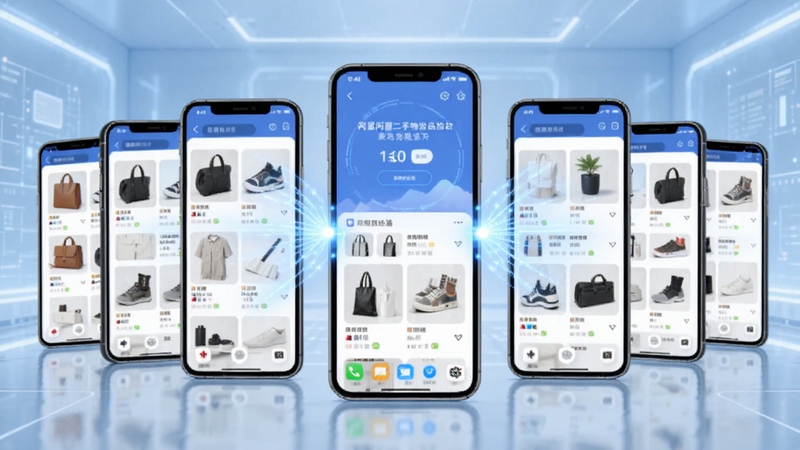 闲置二手物品捡漏多平台聚合功能展示图,画面中多部手机并排排列,每部手机屏幕显示不同二手商品列表,中间用光线连接汇聚到一部主手机上,突出信息聚合概念,背景为淡蓝色科技感空间