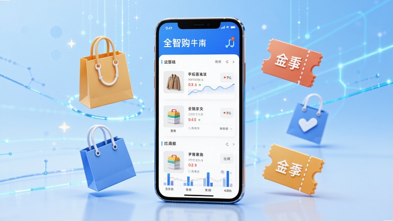 全智购 软件主界面展示 手机屏幕中呈现商品列表与比价图表 背景为浅蓝色渐变 科技感与生活感融合 画面中心为手机模型 周围环绕购物袋与优惠券图标 整体风格清新明快