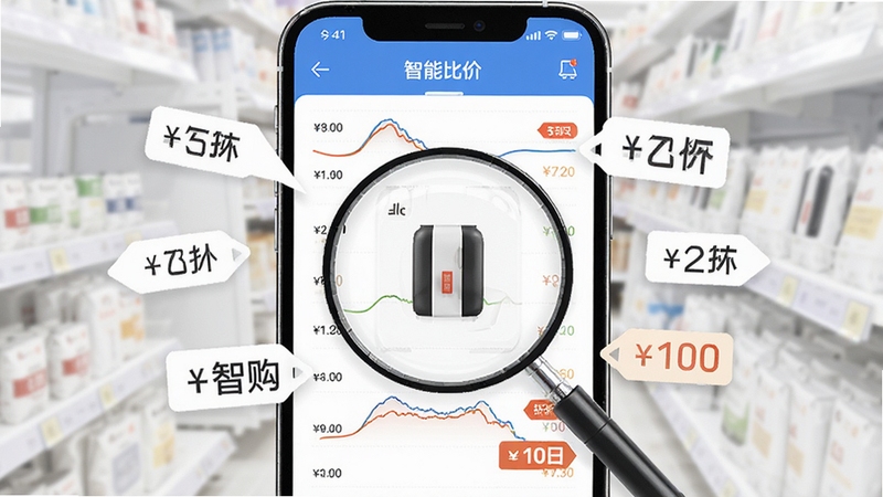 全智购 智能比价界面 手机屏幕显示多条价格曲线与折扣标签 背景为白色 简洁商务风格 画面中央为放大镜聚焦商品 周围漂浮价格标签
