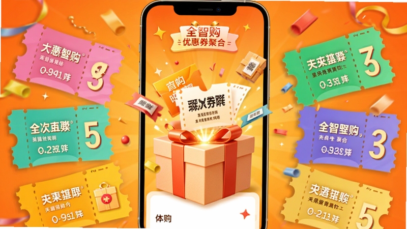 全智购 优惠券聚合页面 手机界面铺满五颜六色的优惠券卡片 背景为暖橙色渐变 画面中心为礼物盒打开飞出券码 风格活泼喜庆