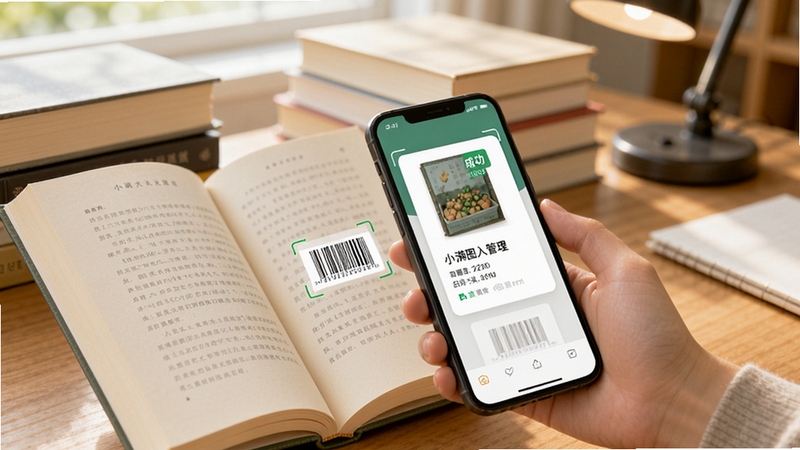 小满图书管理扫码录入功能展示图,画面中一只手拿着手机对准一本翻开书籍的条形码,手机屏幕显示识别成功的书籍信息卡片,背景是堆叠的书籍与书桌,光线明亮柔和,体现便捷录入场景