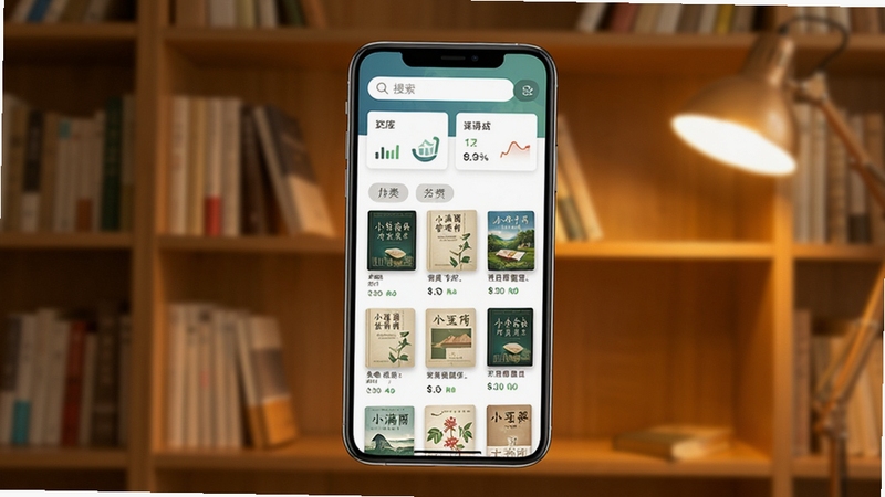 小满图书管理软件主界面全貌预览图,画面中央展示手机屏幕内整齐排列的书籍封面列表与分类标签,顶部有搜索栏与统计卡片,背景为温馨的木质书架与暖色灯光,整体风格清新简约,突出图书管理核心功能