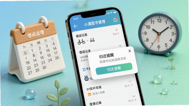小满图书管理借阅追踪功能界面图,画面中手机屏幕显示借阅记录列表与归还提醒弹窗,旁边有日历与时钟元素点缀,背景为柔和的蓝绿色渐变,突出时间管理与提醒概念