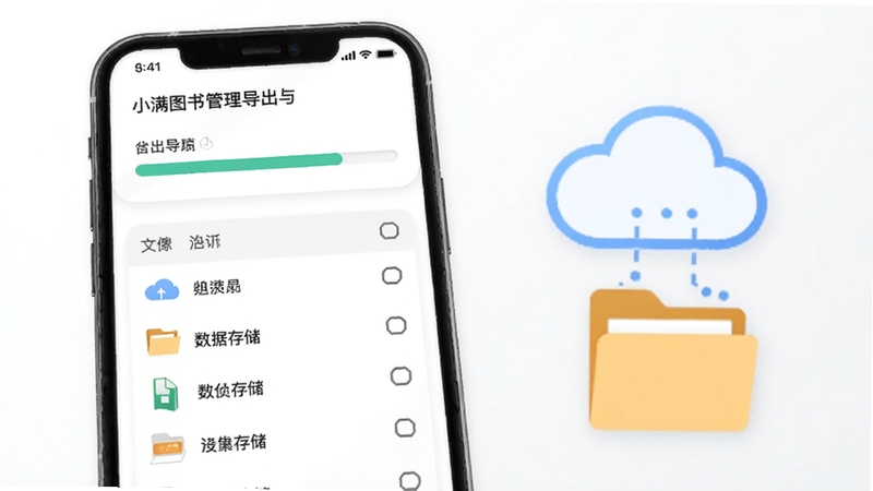 小满图书管理数据导出与备份界面图,画面展示手机屏幕中导出进度条与文件列表,旁边有云朵与文件夹图标象征数据存储,背景为简洁的白色与浅灰色调,体现安全可靠的备份体验