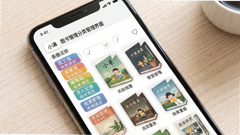 小满图书管理分类管理界面示意图,画面展示手机屏幕中多种彩色标签与筛选条件,书籍按不同分类整齐排列,背景为淡雅的浅色纹理桌面,整体呈现清爽有序的视觉感受