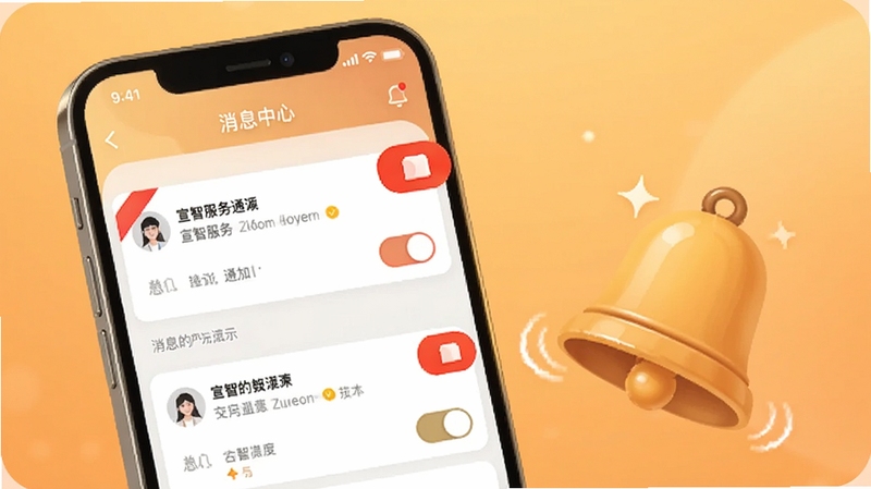 չʾ���Ƿ���APP����Ϣ���Ľ��棬֪ͨ��Ƭ�������飬������Ŀ�ĺ�ɫ�Ǳ��뿪�ذ�ť���ֻ��Է���һ������ͼ�꣬����Ϊůɫ�����䣬�����Χ��ܰ����Ϣ����