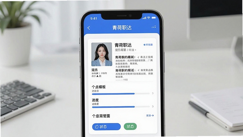 青荷职达 简历管理页面 手机屏幕显示简历模板 个人信息填写界面 进度条与状态标签 现代简约风格 蓝白配色