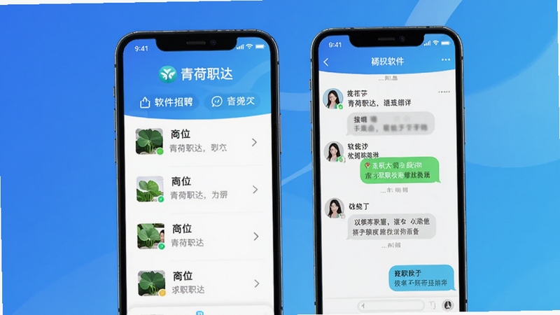 青荷职达 软件主界面 求职招聘APP 手机屏幕展示 岗位列表与聊天窗口 蓝色渐变背景 扁平化设计风格 高清渲染