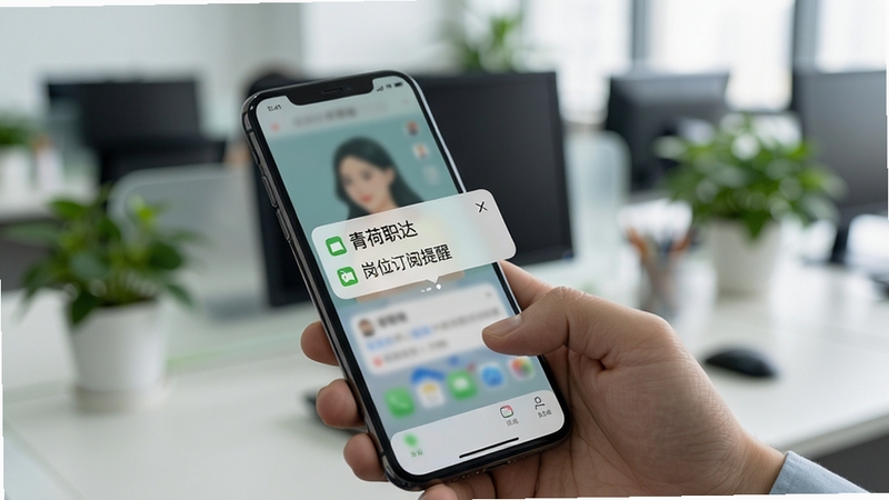 青荷职达 岗位订阅提醒 手机通知栏弹出新岗位推送 用户手持手机查看 办公室环境 浅景深 写实摄影风格