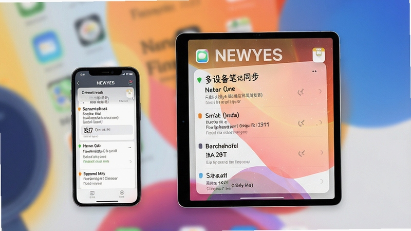 NEWYES多设备笔记同步示意图,手机与平板并排显示相同笔记列表,背景为柔和渐变