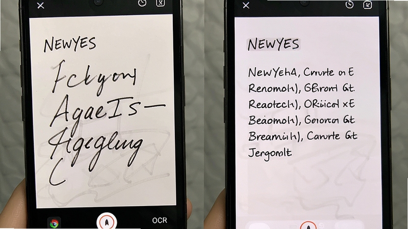 NEWYES手写笔记OCR文字识别效果图,手机屏幕同时显示手写原稿与识别后的规整文字,画面干净