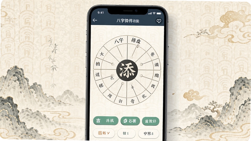 添吉软件主界面八字排盘功能展示图,画面中央为手机屏幕显示添吉八字排盘结果,背景为淡雅古典纹理,色调柔和,整体呈现传统与现代结合的视觉效果