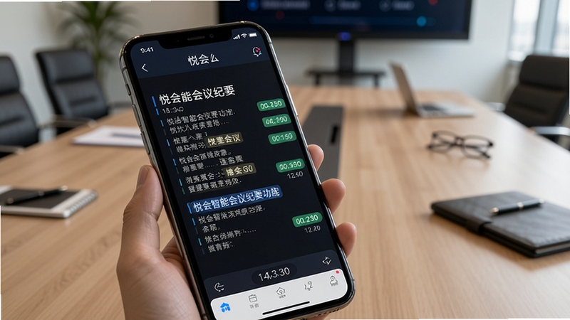 悦会智能会议纪要功能界面,画面展示手机屏幕内悦会APP正在实时转录会议语音为文字,屏幕中文字逐条浮现,旁边有高亮标记与时间戳,背景为会议室桌面场景,光线柔和,突出科技感与实用性