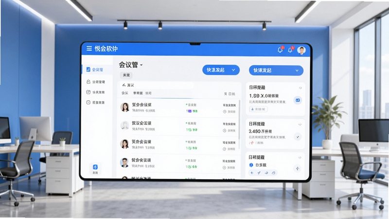 悦会软件主界面全貌展示,画面中央为悦会APP的会议管理主页面,背景为现代简约办公环境,蓝色与白色为主色调,界面清晰展示会议列表、快捷发起按钮与日程提醒模块,整体风格专业清爽,适配Boogu模型生成