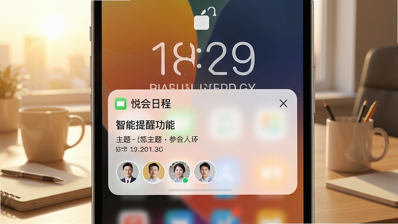 悦会日程智能提醒功能展示,画面为手机锁屏界面弹出悦会会议提醒通知,通知卡片显示会议主题、时间与参会人头像,背景为清晨办公桌场景,色调温暖,突出提醒的及时性与便捷性