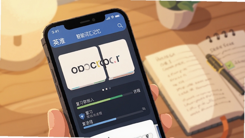 英准学软件智能词汇记忆界面,手机屏幕显示单词卡片与复习进度条,背景为书桌与笔记本,柔和暖光,扁平化插画风格
