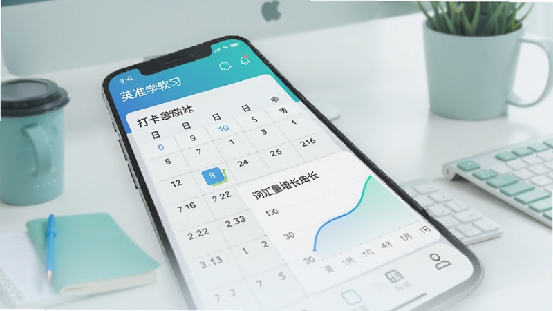 英准学软件学习进度统计页面,手机屏幕展示打卡日历与词汇量增长曲线图,背景为简约办公桌面,清新蓝绿色调,现代UI风格