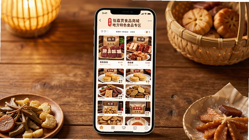 ���ι�ʳƷ�̳� �ط���ɫʳƷר�����棬����չʾ�ֻ���Ļ�и�����ʳ��Ʒ�б���������ζ����㡢�ɻ���ʵ��ͼƬ������Ϊľ������������װ�Σ�ůɫ�ƹ⣬����дʵ���