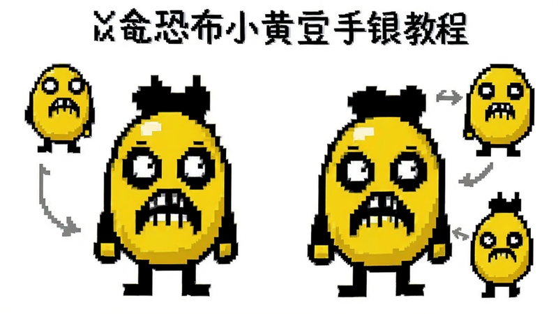 像素恐怖小黄豆手绘教程,像素画风格,黄色小黄豆角色,带恐怖表情,步骤分解图,白色背景,清晰线条