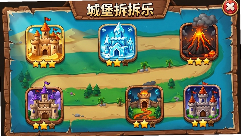 城堡拆拆乐 关卡选择地图 展示多个不同主题的城堡图标 包括沙漠城堡、冰雪城堡、火山城堡等 地图路径蜿蜒 带有星级评价标记 画面色彩丰富