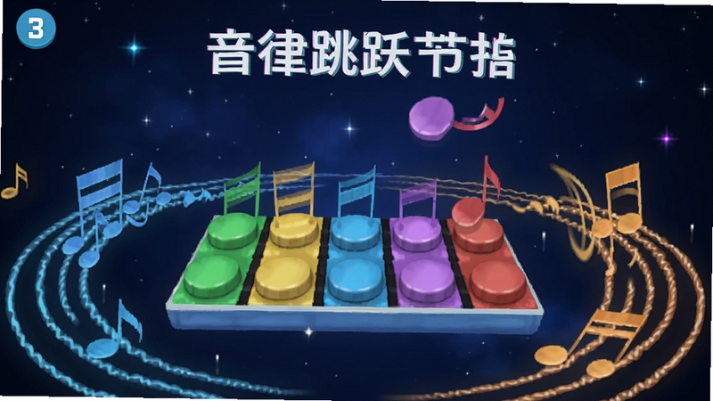 音律跳跃节拍游戏主界面,中央位置为彩色音符跳跃平台,四周环绕动态音波纹理,背景为深蓝色渐变星空,画面风格清新动感,适配Boogu模型生成