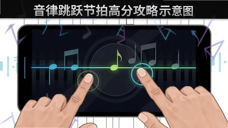 音律跳跃节拍高分攻略示意图,展示手指点击屏幕中央区域与音符判定线的关系,画面带有节奏高亮提示,风格简洁直观