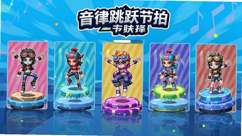音律跳跃节拍角色皮肤选择界面,展示多款不同造型的跳跃角色和平台皮肤,界面风格活泼明快,带有音律跳跃节拍标志