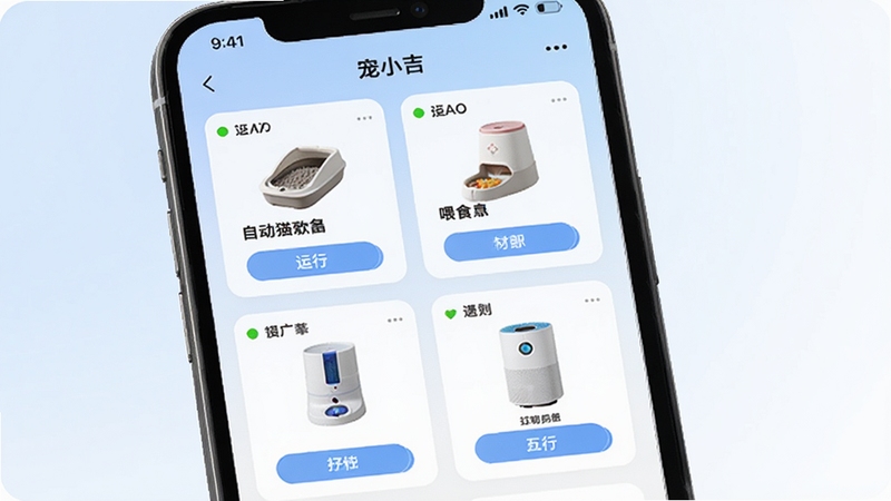 ��С��APP�豸�������棬�ֻ���Ļ��ʾ��������豸��Ƭ�������Զ�èɰ�衢ιʳ����������������ÿ����Ƭ��������״ָ̬ʾ�ƺͲ�����ť�������Ǽ���ǳɫ���䣬������ˬ�ִ���ͻ��Զ�̿��ƹ���
