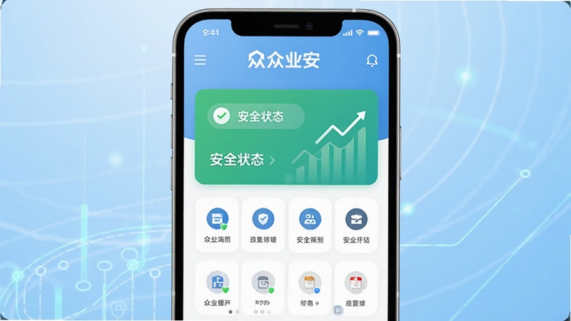 众业安应用主界面截图,画面中央展示手机屏幕,屏幕内呈现众业安APP的首页布局,顶部有众业安品牌标识,中部为安全状态卡片和功能入口图标,背景为浅蓝色渐变科技感背景,整体风格简洁清爽,适配Boogu模型生成