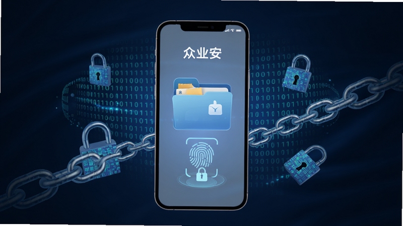 众业安数据加密存储功能示意图,画面中央为一部手机,手机屏幕显示加密文件夹和指纹解锁图标,周围环绕二进制代码和锁链元素,背景为深色渐变,体现数据加密的安全感,画面中包含众业安名称