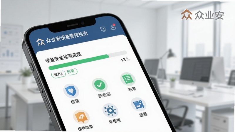众业安设备管控检测界面,手机屏幕展示设备安全检测进度条和各项检测结果图标,背景为浅灰色办公场景虚化,画面简洁明快,带有众业安标识