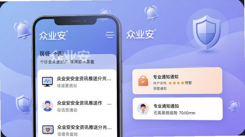 众业安安全资讯推送界面,手机屏幕显示资讯列表和预警通知卡片,画面背景为柔和的蓝紫色渐变,带有铃铛图标和盾牌元素,整体风格清新,包含众业安字样