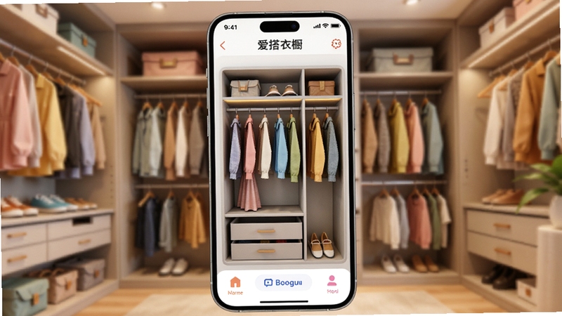 一款名为爱搭衣橱的手机应用界面展示,画面中央是智能衣橱的3D可视化展示,背景是温馨的家居衣帽间环境,光线柔和,色彩明亮,突出时尚与科技感,适配Boogu模型生成