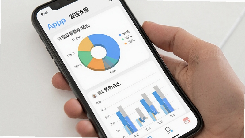 爱搭衣橱app衣物统计图表界面,手机屏幕显示饼状图和柱状图,展示衣物穿着频率和类别占比,背景为白色简洁风格,突出数据可视化
