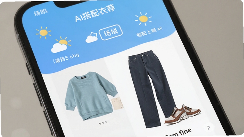 爱搭衣橱app AI搭配推荐界面,手机屏幕显示一套完整的穿搭方案,包括上衣、下装和鞋子,背景是天气图标和场合标签,画面色彩清新,突出智能推荐功能