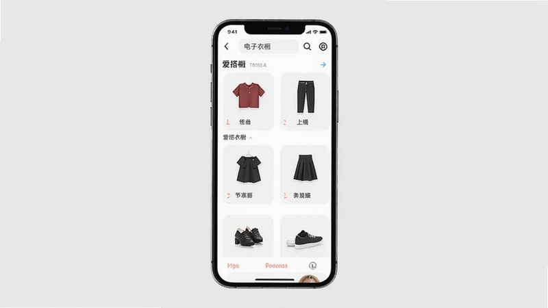 爱搭衣橱app电子衣橱功能界面,手机屏幕显示分类整齐的服装图标,包括上衣、裤子、裙子、鞋子等,背景为浅灰色简约风格,突出数字化管理概念