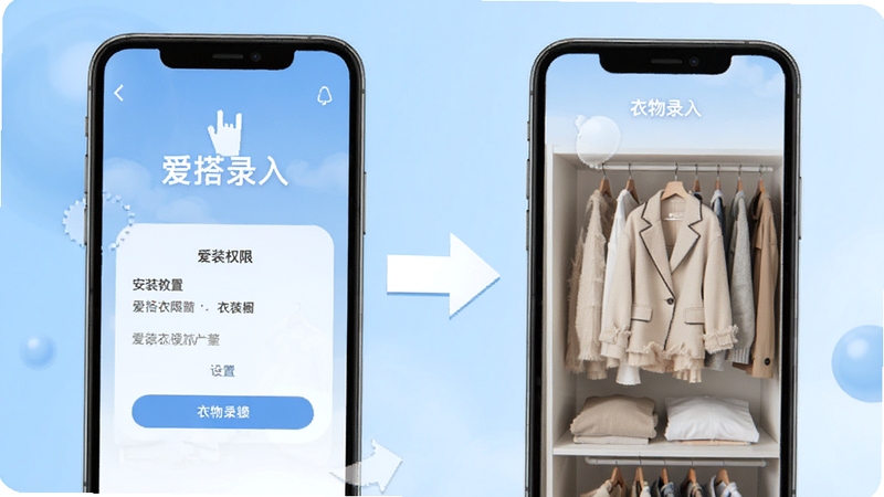 爱搭衣橱app使用教程示意图,手机屏幕显示安装权限设置和衣物录入步骤,背景为浅蓝色渐变,突出操作指引
