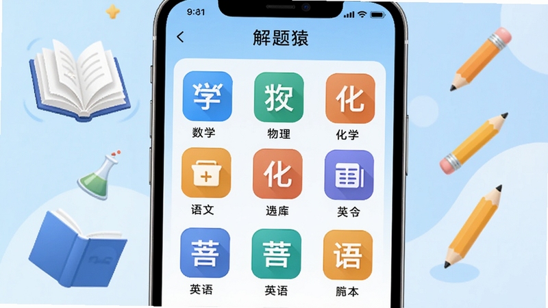 解题猿 多学科题库界面预览图,画面展示手机屏幕中解题猿应用的科目选择页面,数学、物理、化学、语文、英语等科目图标整齐排列,每个图标带有对应的学科符号,背景为淡蓝色渐变,屏幕周围有漂浮的书本与铅笔元素,整体风格简洁明快,突出教育类软件的专业感
