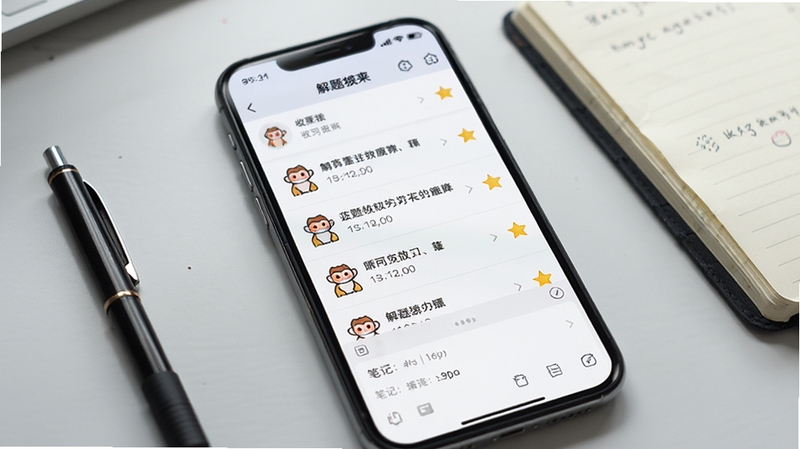 解题猿 收藏与笔记功能展示图,画面为手机屏幕特写,屏幕内显示解题猿的收藏夹页面,列表中有若干题目条目,右侧有星标图标,底部有笔记编辑区域,背景为浅灰色桌面,旁边放着一支笔和一本打开的笔记本,整体光线柔和,突出学习记录的场景感