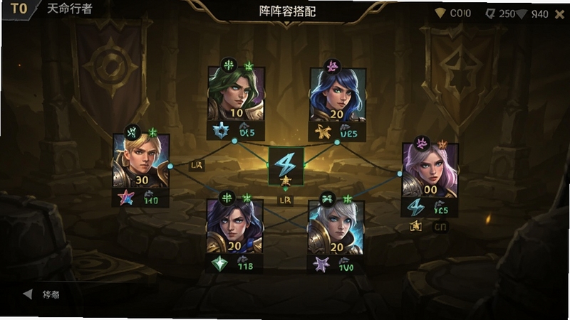天命行者 阵容搭配界面 展示T0阵容英雄站位与羁绊关系 画面中央为六人阵容阵型 背景为暗金色战斗准备场景 高清游戏截图风格