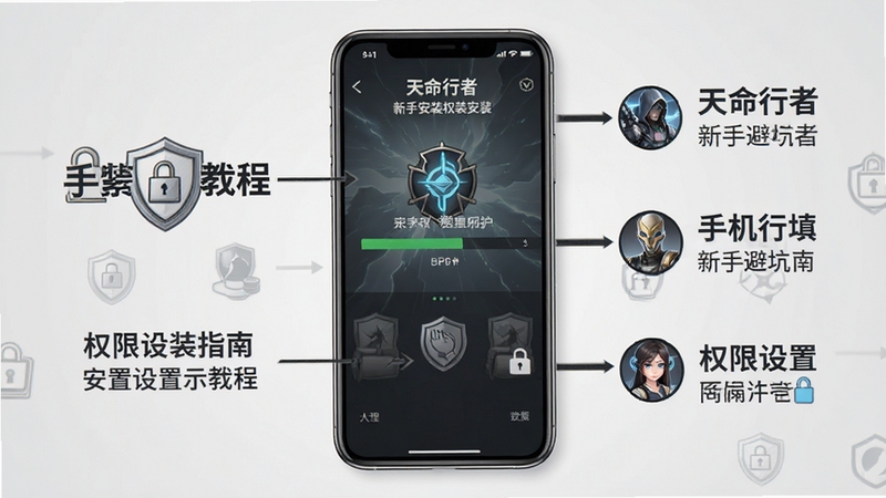 天命行者 新手避坑指南 手机安装与权限设置示意图 画面中央为手机屏幕显示安装进度 背景为简洁灰白色调 高清教程风格