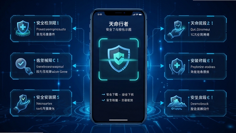 天命行者 安全下载与安装检测示意图 画面中央为手机安全扫描界面 背景为简洁蓝色科技风格 高清信息图风格