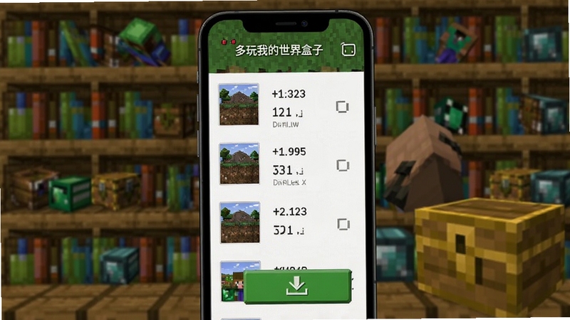 多玩我的世界盒子资源下载页面,画面主体为手机屏幕显示资源列表与下载按钮,背景为像素风格的书架与宝箱元素,色彩以绿色和棕色为主,突出资源丰富感,适配Boogu模型生成
