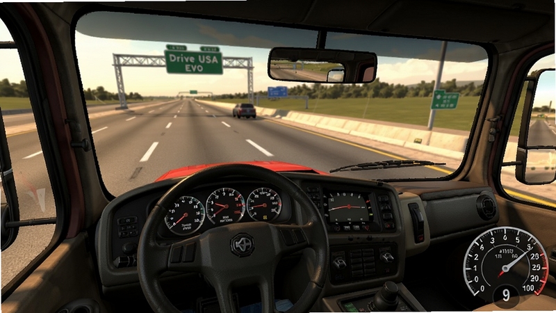 写实风格3D游戏截图,展示Truck Simulator Drive USA: EVO 中卡车驾驶舱内部视角,仪表盘、方向盘、后视镜细节清晰,挡风玻璃外是高速公路与路牌,画面右下角有速度显示,整体色调偏暖,模拟真实驾驶环境