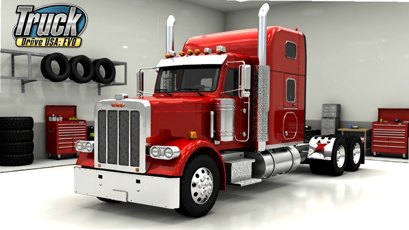 游戏Truck Simulator Drive USA: EVO 车辆展示界面,画面中央是一辆红色美式长头卡车,车身有镀铬装饰,背景是车库环境,周围有轮胎、工具箱等元素,画面风格干净明亮,突出车辆细节
