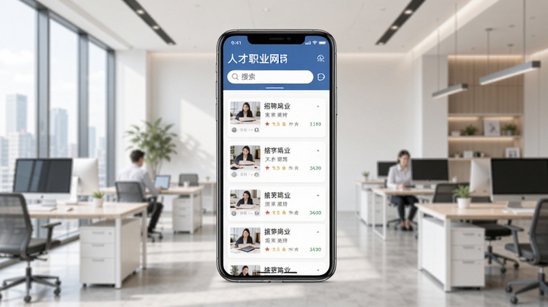人才职业网软件界面全貌展示,画面中央为手机屏幕显示招聘岗位列表与搜索栏,背景为现代办公场景,明亮简洁的商务风格,适配Boogu模型生成